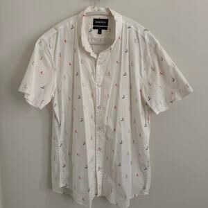 men’s white BONOBOS short sleeve button-down shirt with multicolored surfers [L]